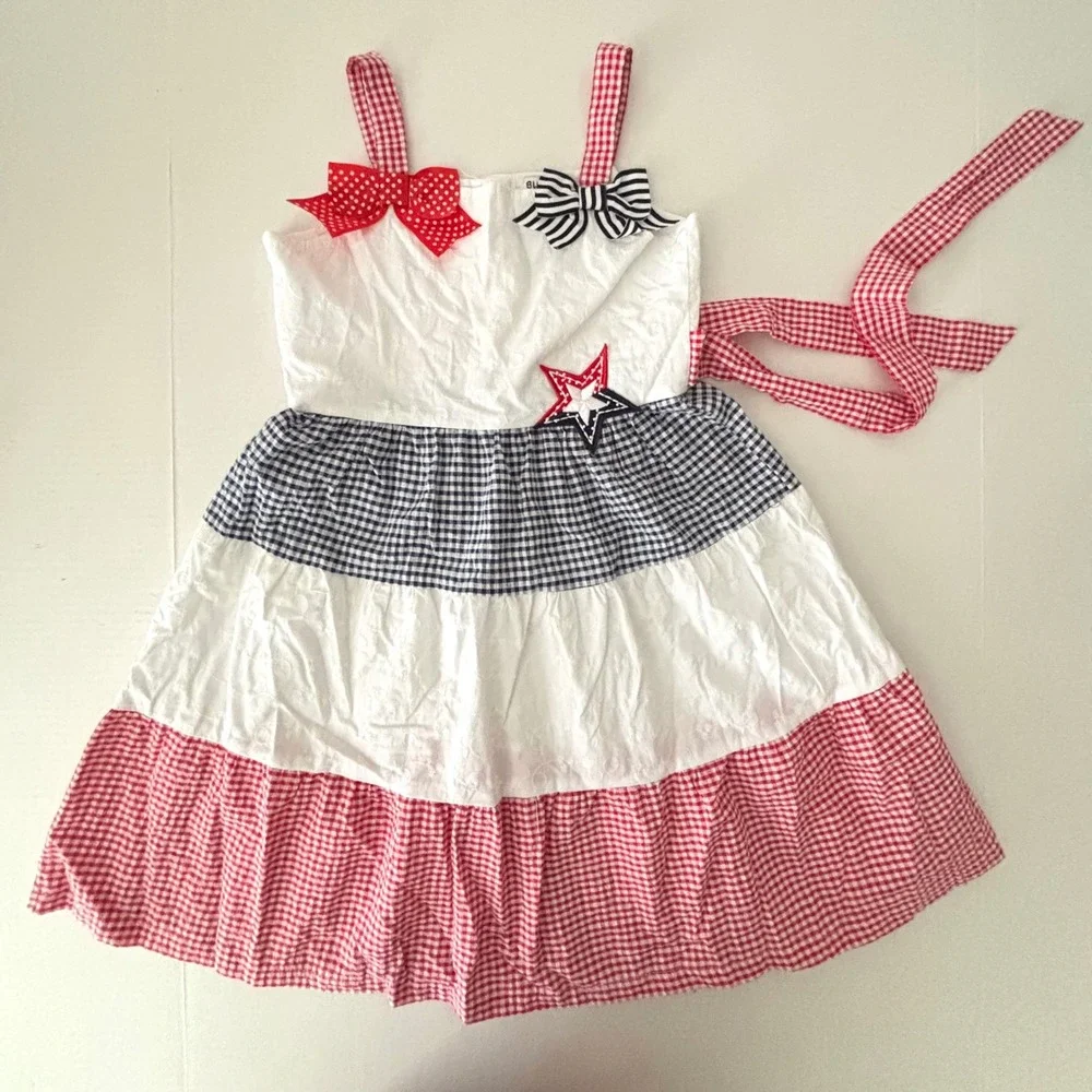Blueberi‎ Boulevard Girls 8 Patriotic Stars Stripes Dress Gingham Eyelet USA EUC
